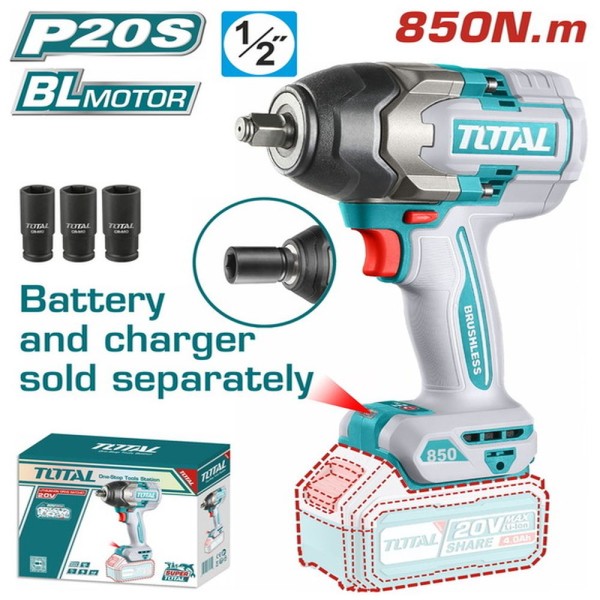 Επαγγ. Μπουλονόκλειδο Μπατ. Li-ion 20V / 850Nm Χωρίς Μπατάρια & Φορτιστή Total (TIWLI20851)