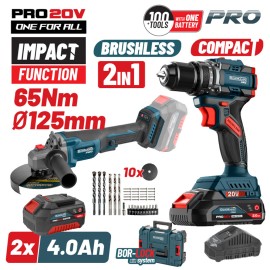 Σετ Compact Brushless Κρουστικό Δραπανοβίδο 65Nm & Γωνιακός Τροχός 20V Με 2x4.0Ah Bmc BBP5433X44T2CA Bormann Pro (083269)