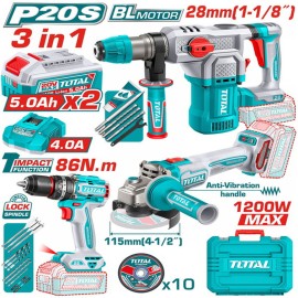 Σετ Εργαλείων Μπαταρίας Brushless με Κρουστικό Δραπανοκατσάβιδο, Γωνιακό Τροχό & Πνευματικό Πιστολέτο Li-ion 20V Total ( TOSLI251195E)